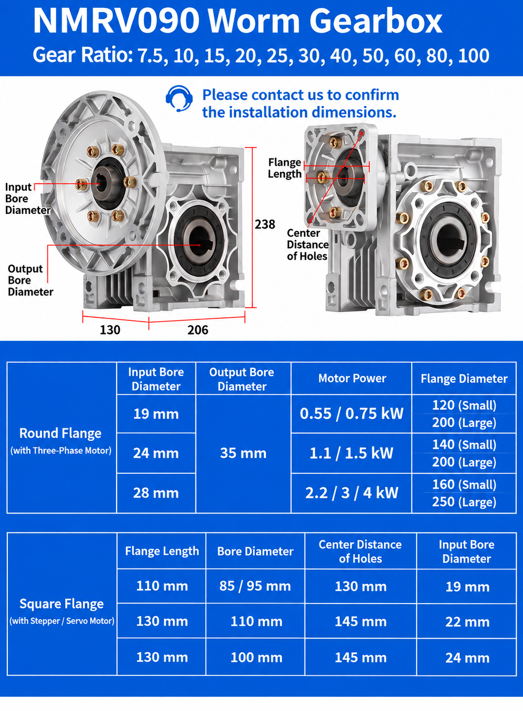 NMRV090 worm gearbox installation dimensions and flange sizes