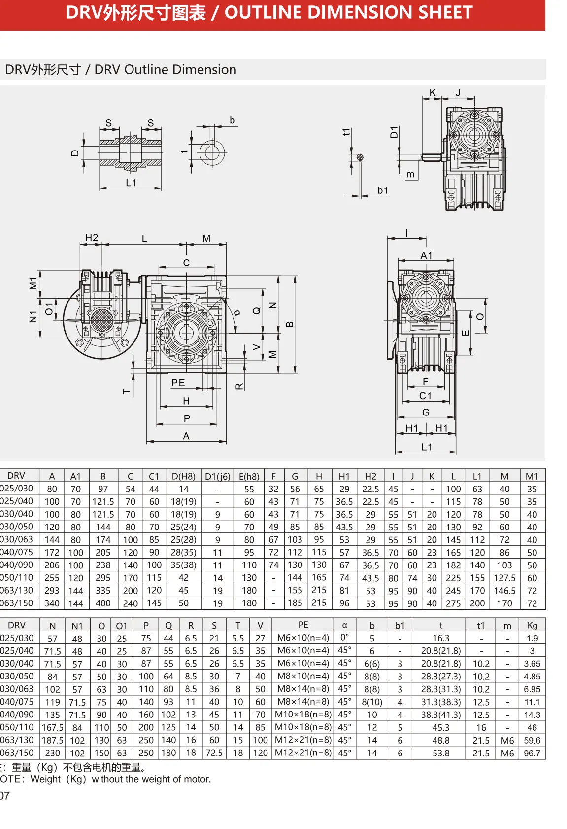 DRV double worm gearbox outline drawing and dimensional tables