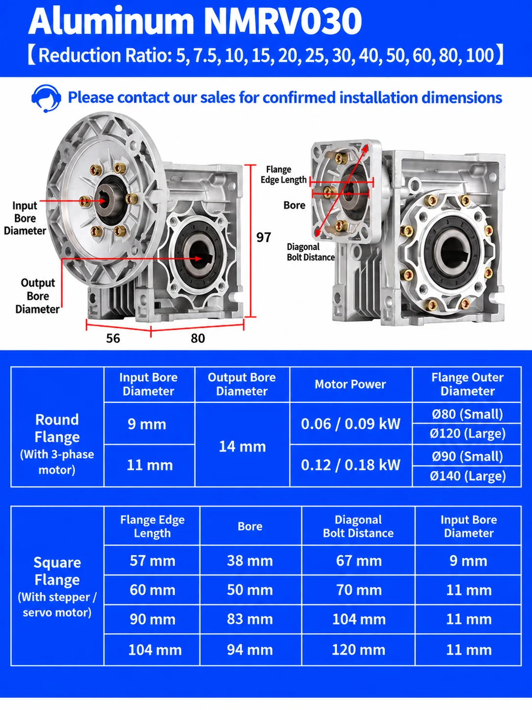 NMRV030 RV30 worm gearbox dimensions, 14 mm output bore and motor flange options