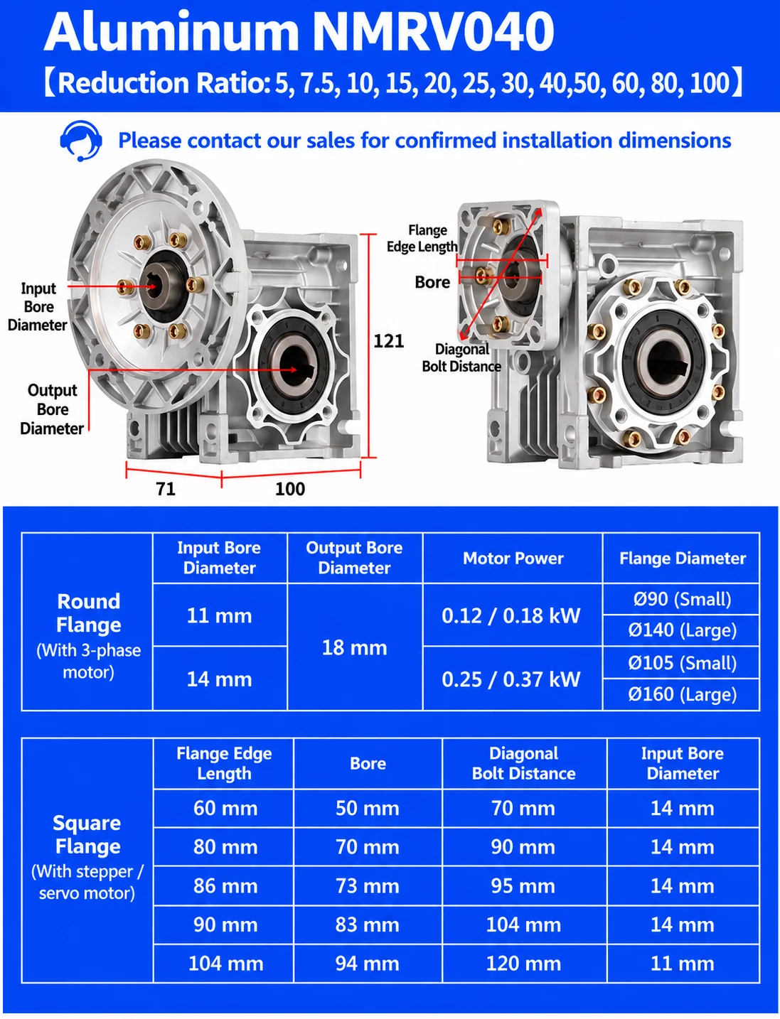 NMRV040 RV40 worm gearbox dimensions, 18 mm output bore and motor flange options
