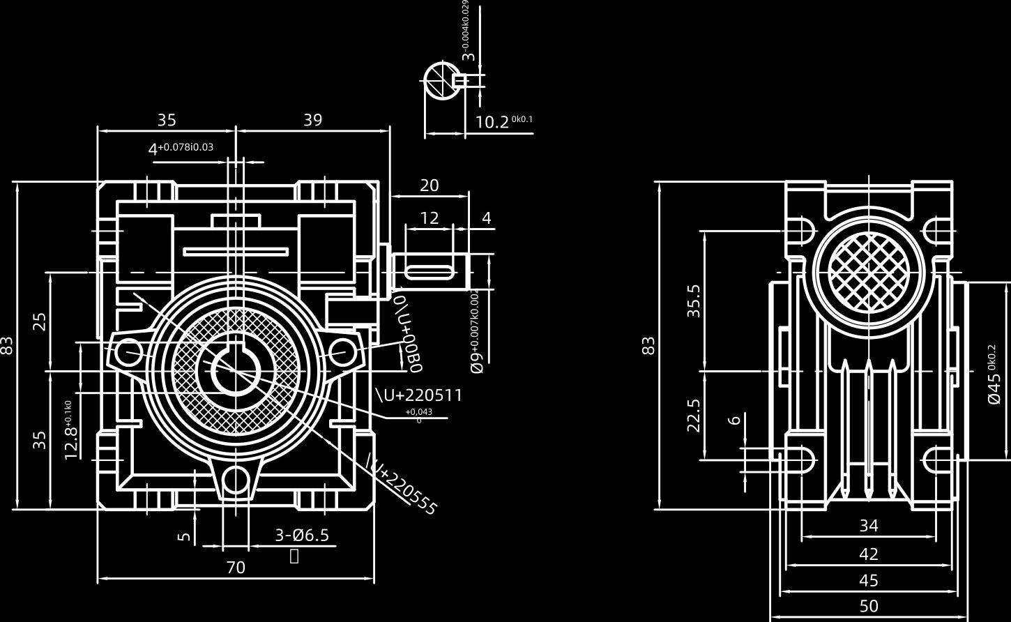 RV25 worm gearbox technical drawing with shaft and mounting dimensions