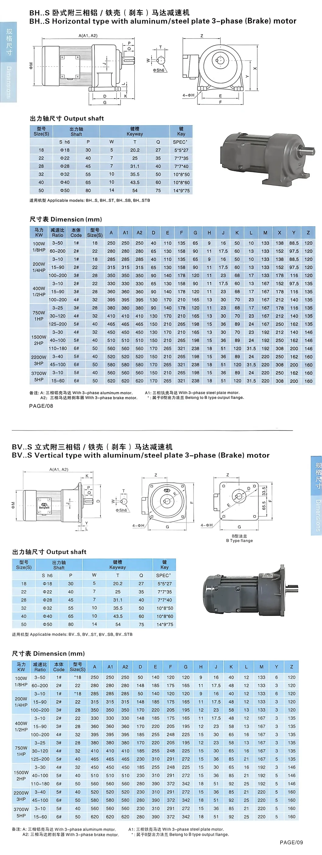 BH.S horizontal and BV.S vertical small AC gear motor dimension and selection tables