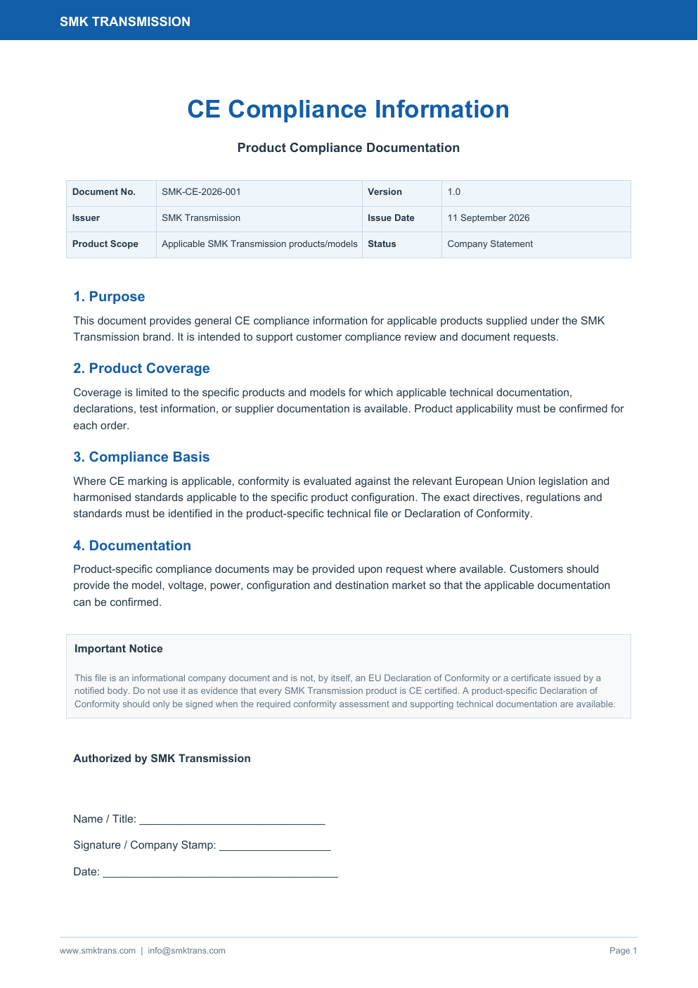 SMK CE Compliance Information company statement preview