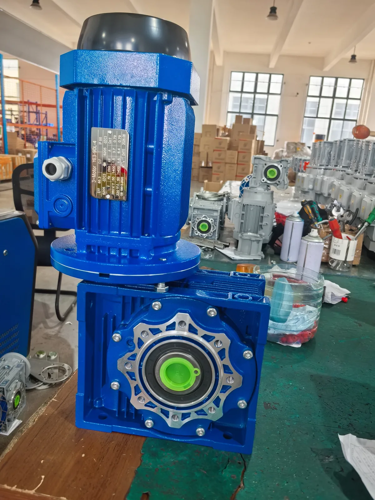 SMK three-phase electric motor with NMRV worm gearbox in the assembly workshop