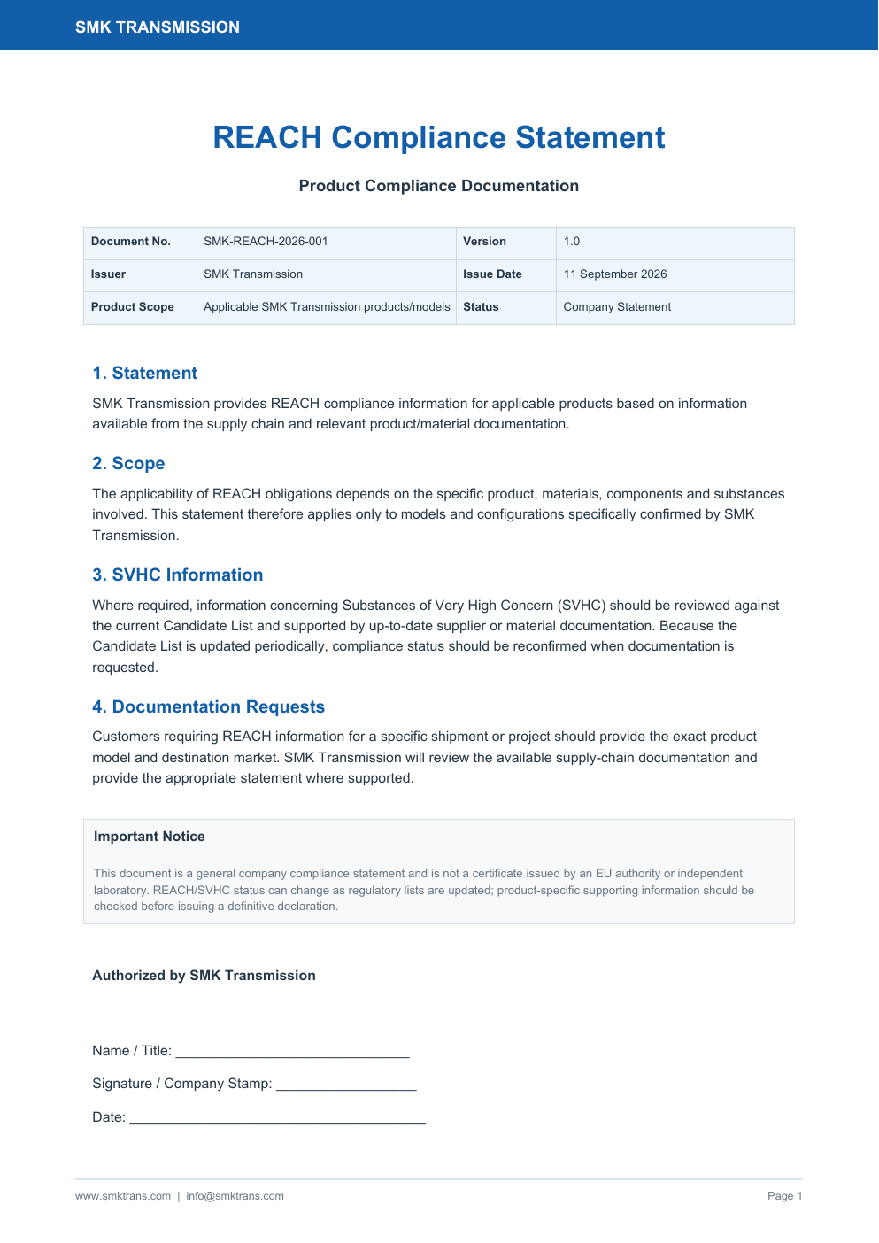SMK REACH Compliance Statement company statement preview