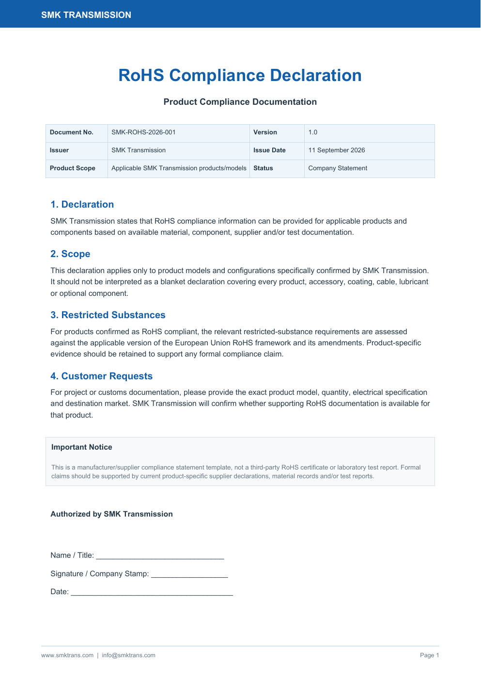 SMK RoHS Compliance Declaration company statement preview