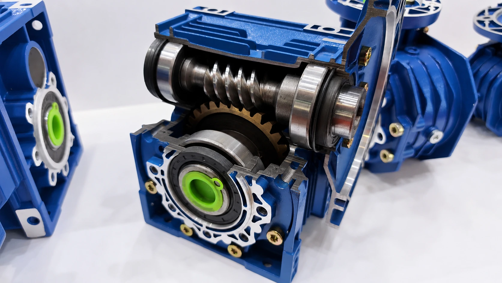 Cutaway view showing the worm and bronze worm wheel inside an NMRV worm gearbox