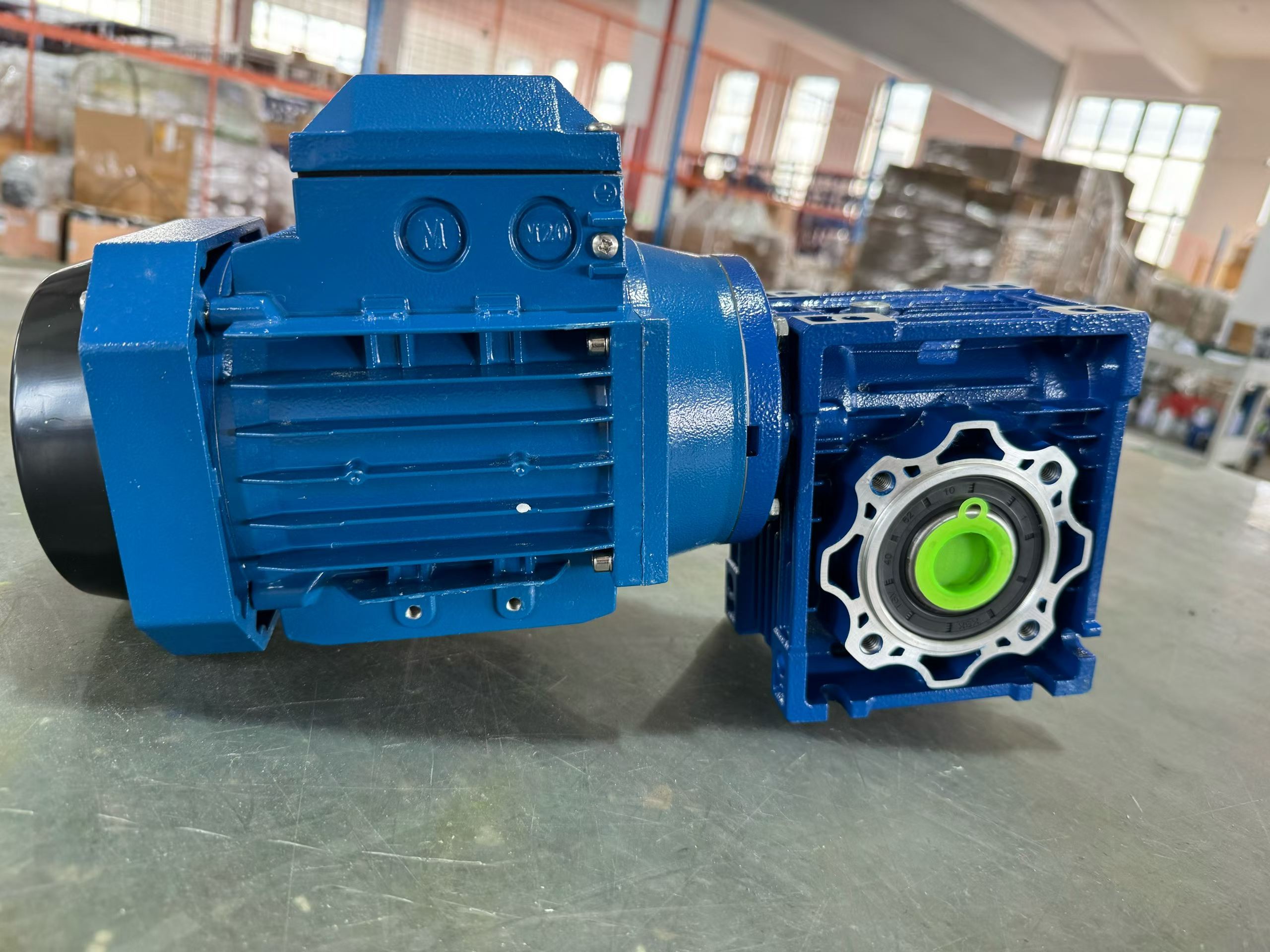 SMK blue worm gear reducer motor assembly photographed in the factory